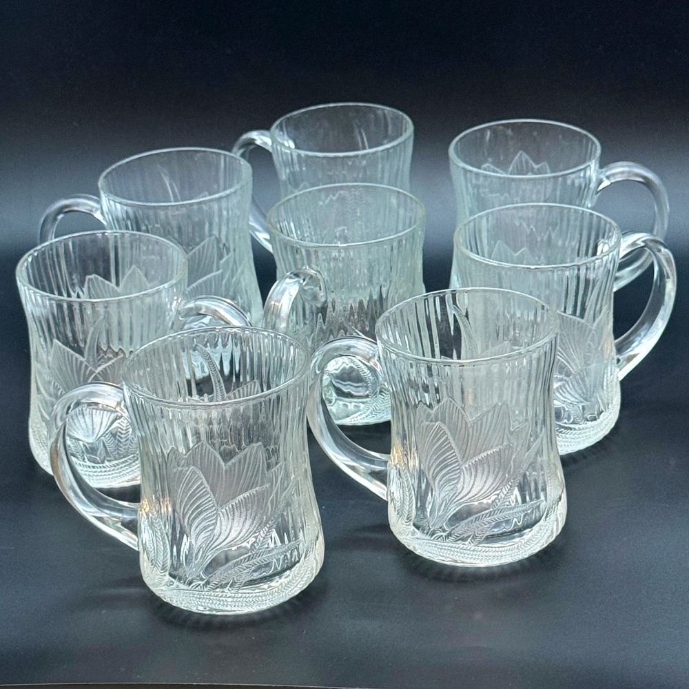 Vintage Arcoroc France Canterbury Crocus Clear Glass Coffee Mugs - Set of 8